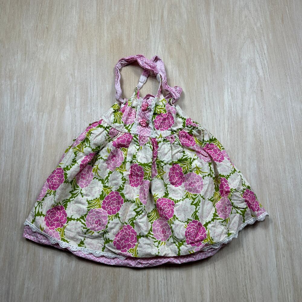 Haute Baby Pink Green Floral Cottagecore Lace Rosette Halter Sundress Dress 3T